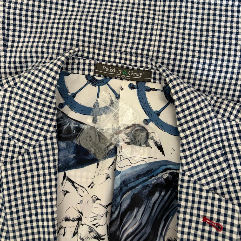 NEW! PAISLEY & GRAY Gingham Peak Two Button Blazer Blue White Nautical Lined 40R - Picture 13 of 15